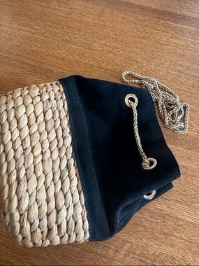 H&M Black Suede & Natural Straw Crossbody with Gold Chain